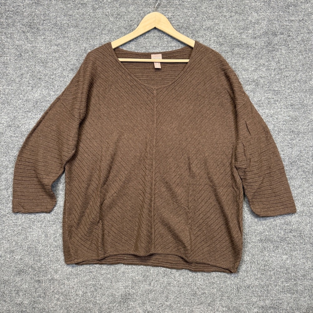 Chico's Sz 3 US XL Sweater Brown Ribbed Knit Boxy Cotton Blend Minimalist Fall